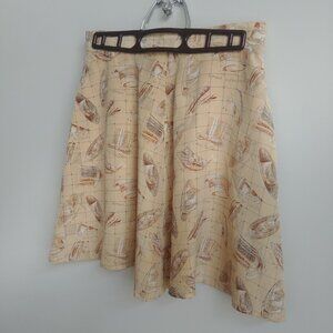 Vintage Theo Miles 100% silk short circle skirt 6P cream yellow Chapeau print